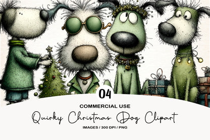 Quirky Christmas Dog Clipart PNG Bundle | Cute Watercolor Holiday Dog Clipart | Festive Christmas Puppy PNG
