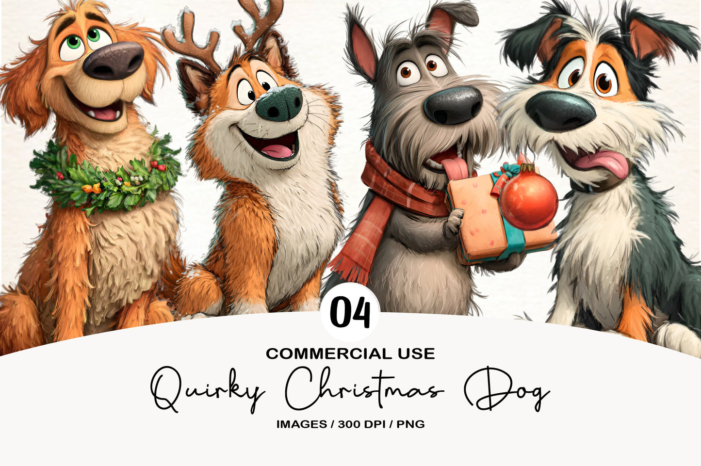 Quirky Christmas Dog Clipart PNG Bundle | Cute Watercolor Holiday Dog Clipart | Festive Christmas Puppy PNG
