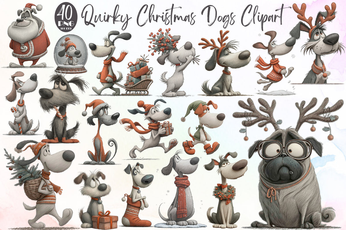 Quirky Christmas Dogs Clipart PNG Bundle