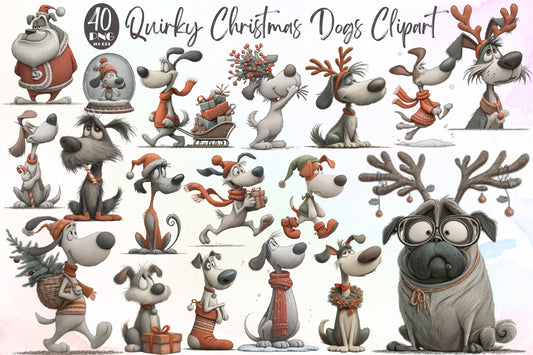 Quirky Christmas Dogs Clipart PNG Bundle