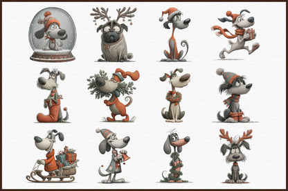 Quirky Christmas Dogs Clipart PNG Bundle
