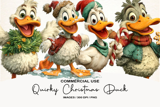 Quirky Christmas Duck Clipart PNG Bundle | Cute Watercolor Holiday Duck Clipart | Festive Winter Duck PNG