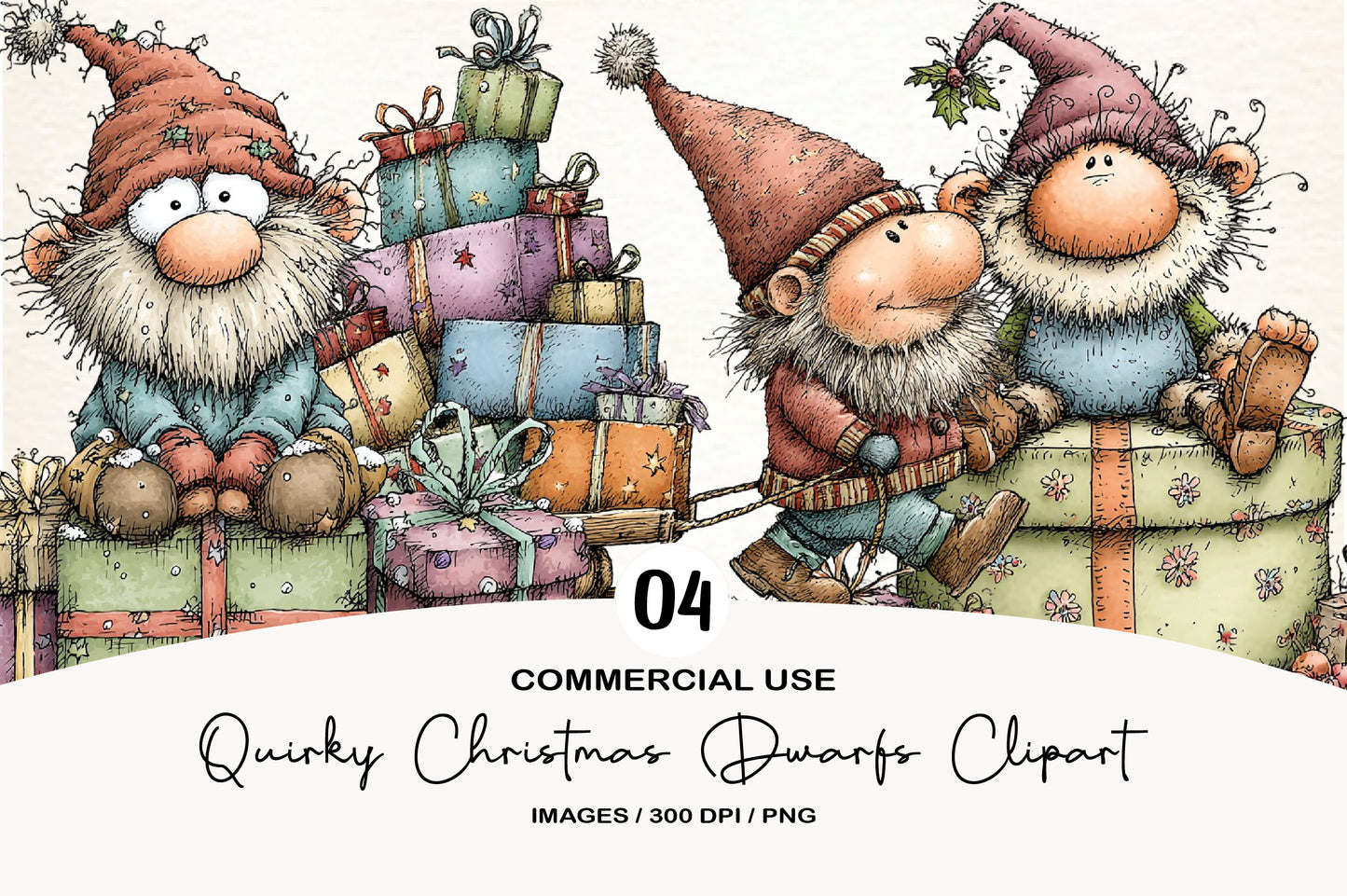 Quirky Christmas Dwarfs Clipart PNG Bundle | Cute Watercolor Holiday Dwarf Clipart | Festive Nordic Gnomes
