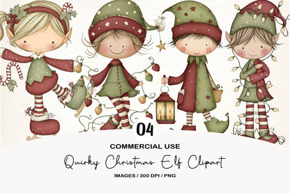 Quirky Christmas Elf Clipart PNG Bundle | Cute Watercolor Holiday Elf Clipart