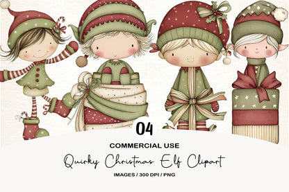 Quirky Christmas Elf Clipart PNG Bundle | Whimsical Watercolor Holiday Elf PNG | Cute Christmas Clipart