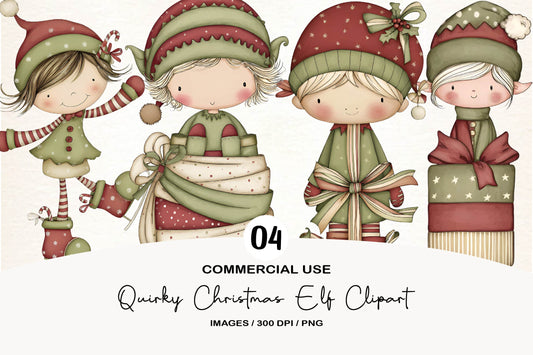 Quirky Christmas Elf Clipart PNG Bundle | Whimsical Watercolor Holiday Elf PNG | Cute Christmas Clipart