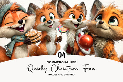 Quirky Christmas Fox Clipart PNG Bundle | Cute Watercolor Holiday Fox Clipart | Festive Woodland Fox PNG