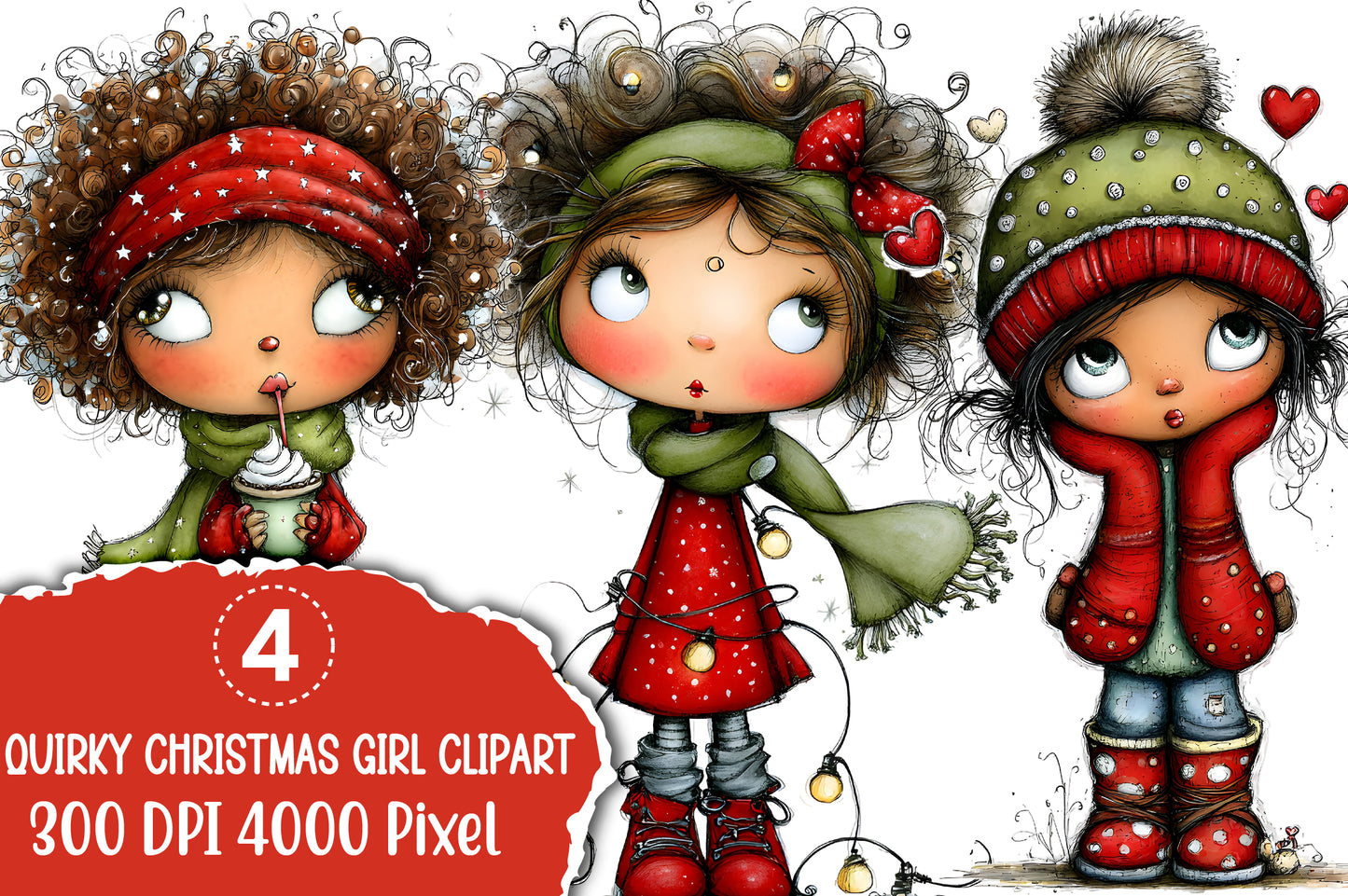 Quirky Christmas Girl Clipart PNG – Cute Holiday Girl Designs