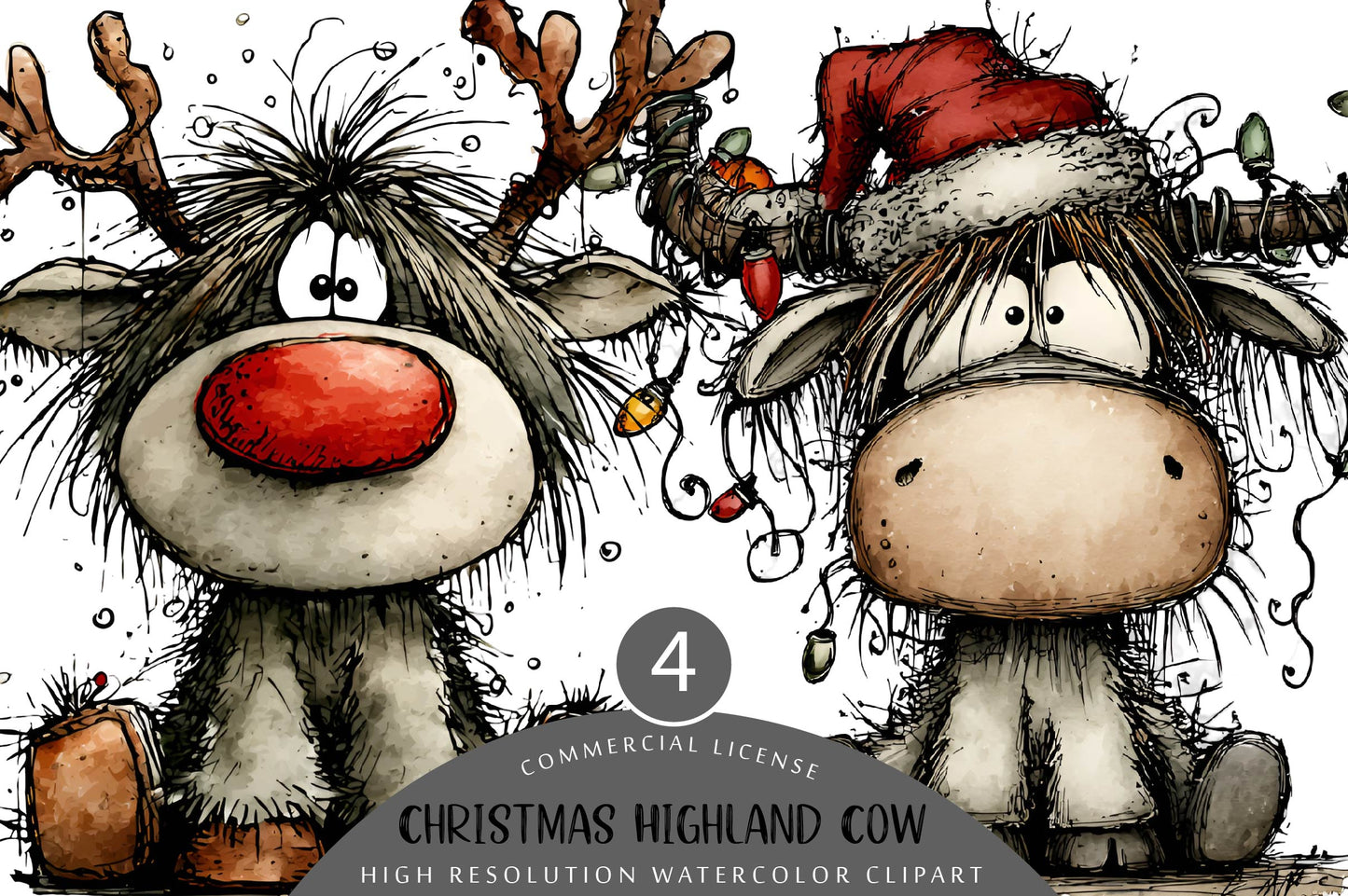 Quirky Funny Christmas Highland Cow Clipart PNG