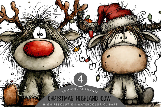 Quirky Funny Christmas Highland Cow Clipart PNG
