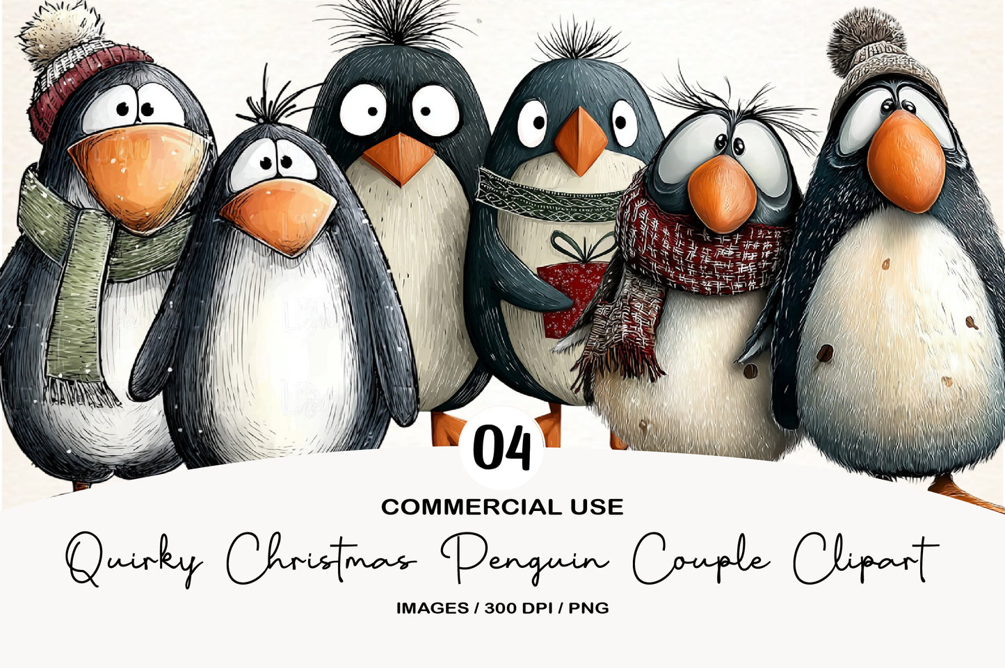 Quirky Christmas Penguin Couple Clipart PNG Bundle | Cute Watercolor Holiday Penguin Couple | Romantic Winter PNG