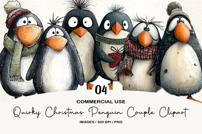 Quirky Christmas Penguin Couple Clipart PNG Bundle | Cute Watercolor Holiday Penguin Couple | Romantic Winter PNG