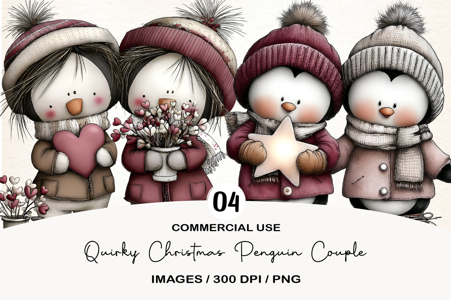 Quirky Christmas Penguin Couple Clipart PNG Bundle | Cute Watercolor Holiday Penguin Couple | Festive Winter Penguins PNG