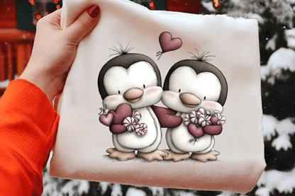 Quirky Christmas Penguin Couple Clipart PNG Bundle | Cute Watercolor Holiday Penguin Couple | Festive Winter Penguins PNG