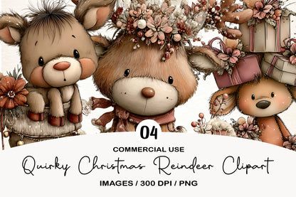 Quirky Christmas Reindeer Clipart PNG Bundle | Cute Watercolor Funny Reindeer Holiday Clipart