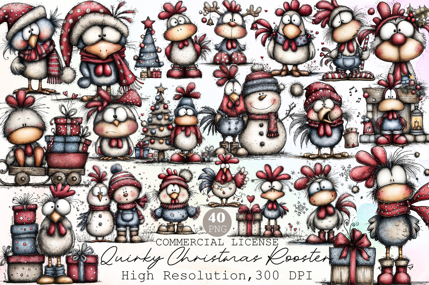 Quirky Christmas Rooster Clipart PNG Bundle