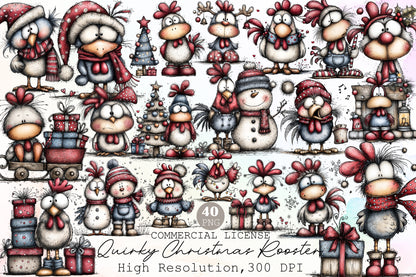 Quirky Christmas Rooster Clipart PNG Bundle