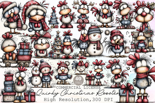 Quirky Christmas Rooster Clipart PNG Bundle