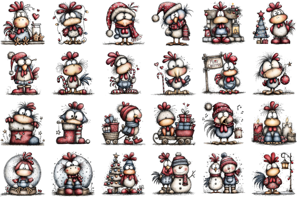 Quirky Christmas Rooster Clipart PNG Bundle