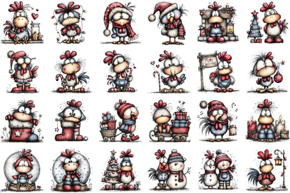 Quirky Christmas Rooster Clipart PNG Bundle