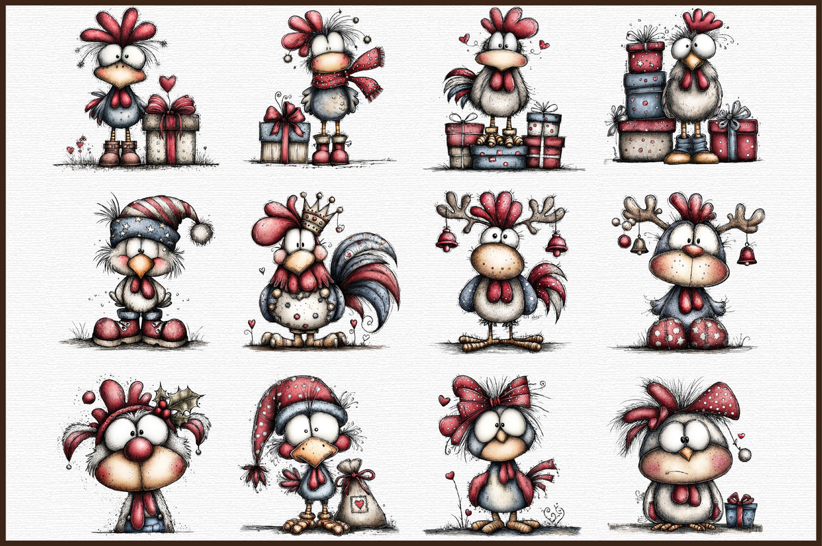 Quirky Christmas Rooster Clipart PNG Bundle