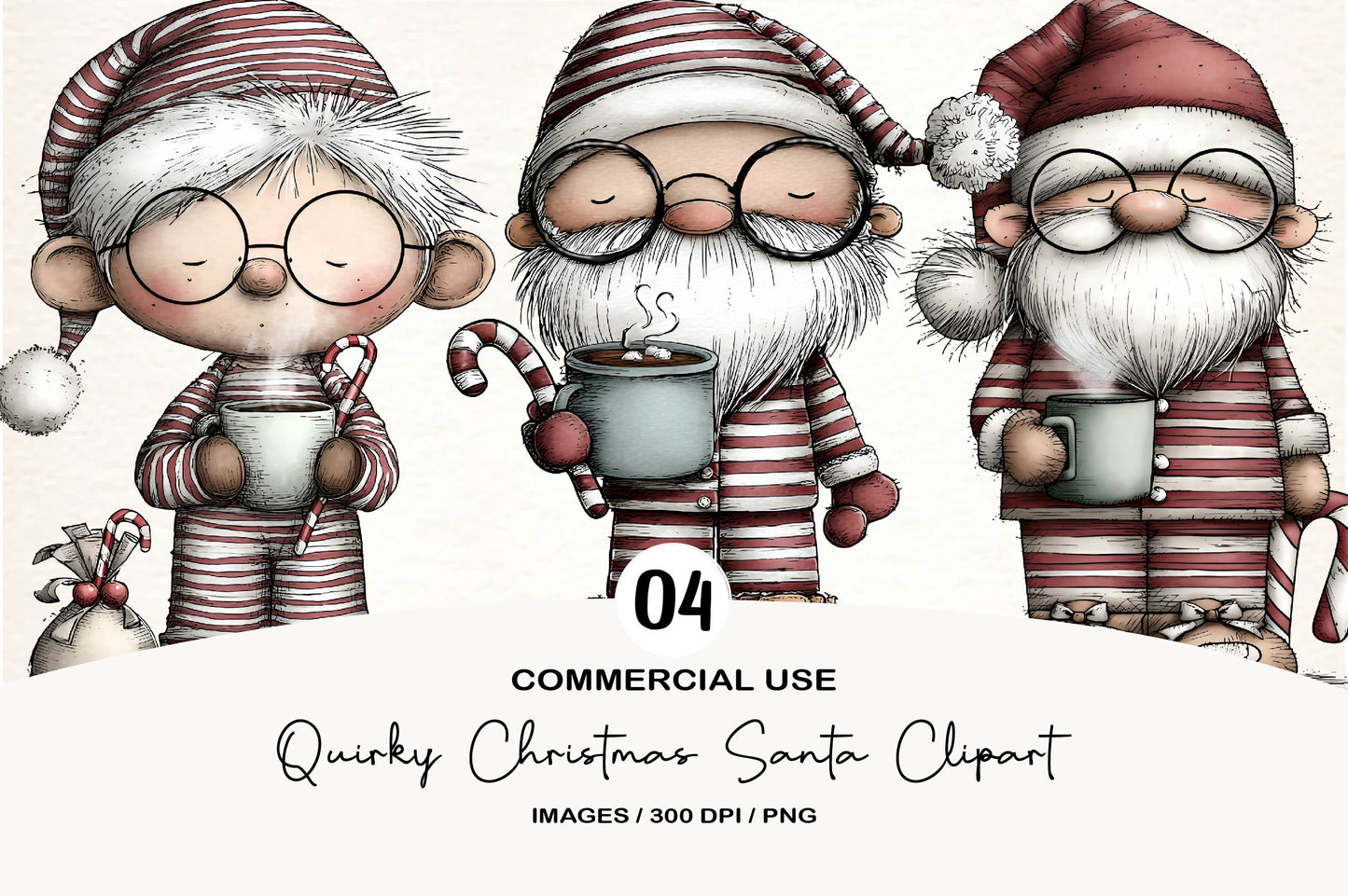 Quirky Christmas Santa Clipart PNG Bundle | Funny Watercolor Santa Claus Clipart | Cute Holiday PNG