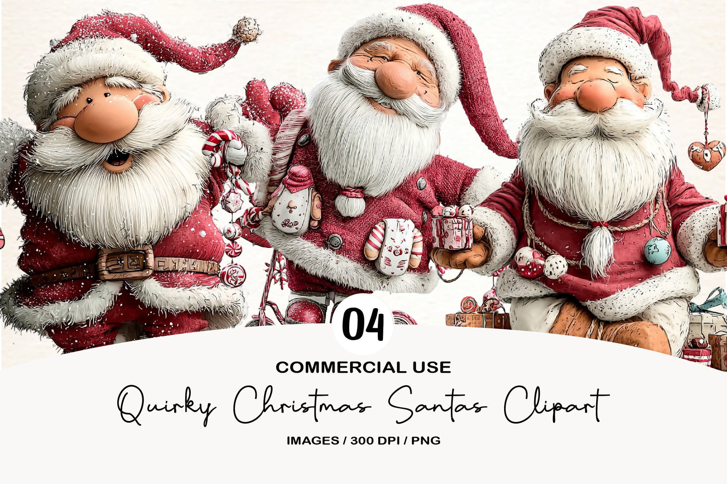 Quirky Christmas Santas Clipart PNG Bundle | Cute Watercolor Holiday Santa Claus Clipart | Festive Santa PNG
