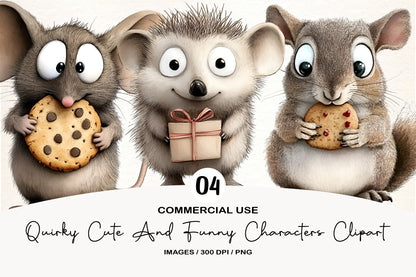 Quirky Cute and Funny Characters Clipart PNG Bundle | Adorable Watercolor Kawaii Characters