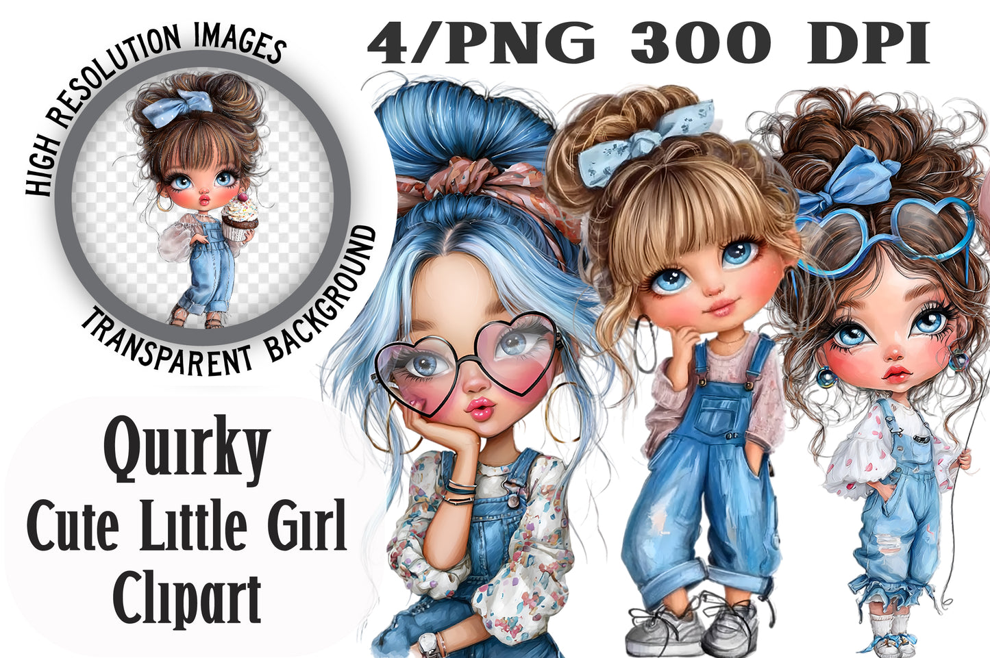 Quirky Cute Little Girl Clipart Bundle | Adorable Watercolor Little Girl PNG