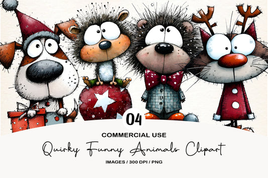 Quirky Funny Animals Clipart PNG Bundle | Cute Watercolor Whimsical Animal Clipart | Kawaii Animal PNG