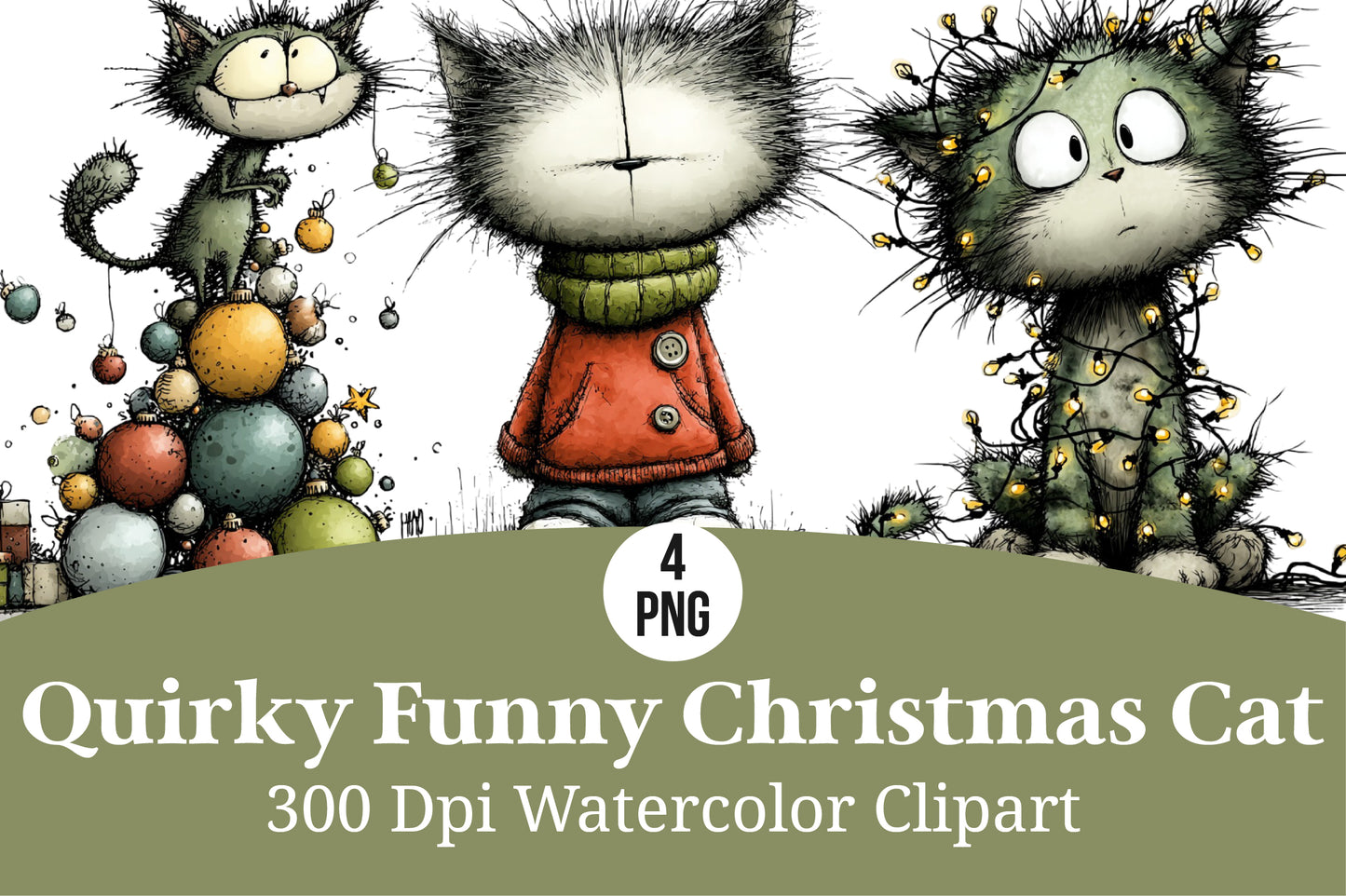 Quirky Funny Christmas Cat Clipart PNG Bundle