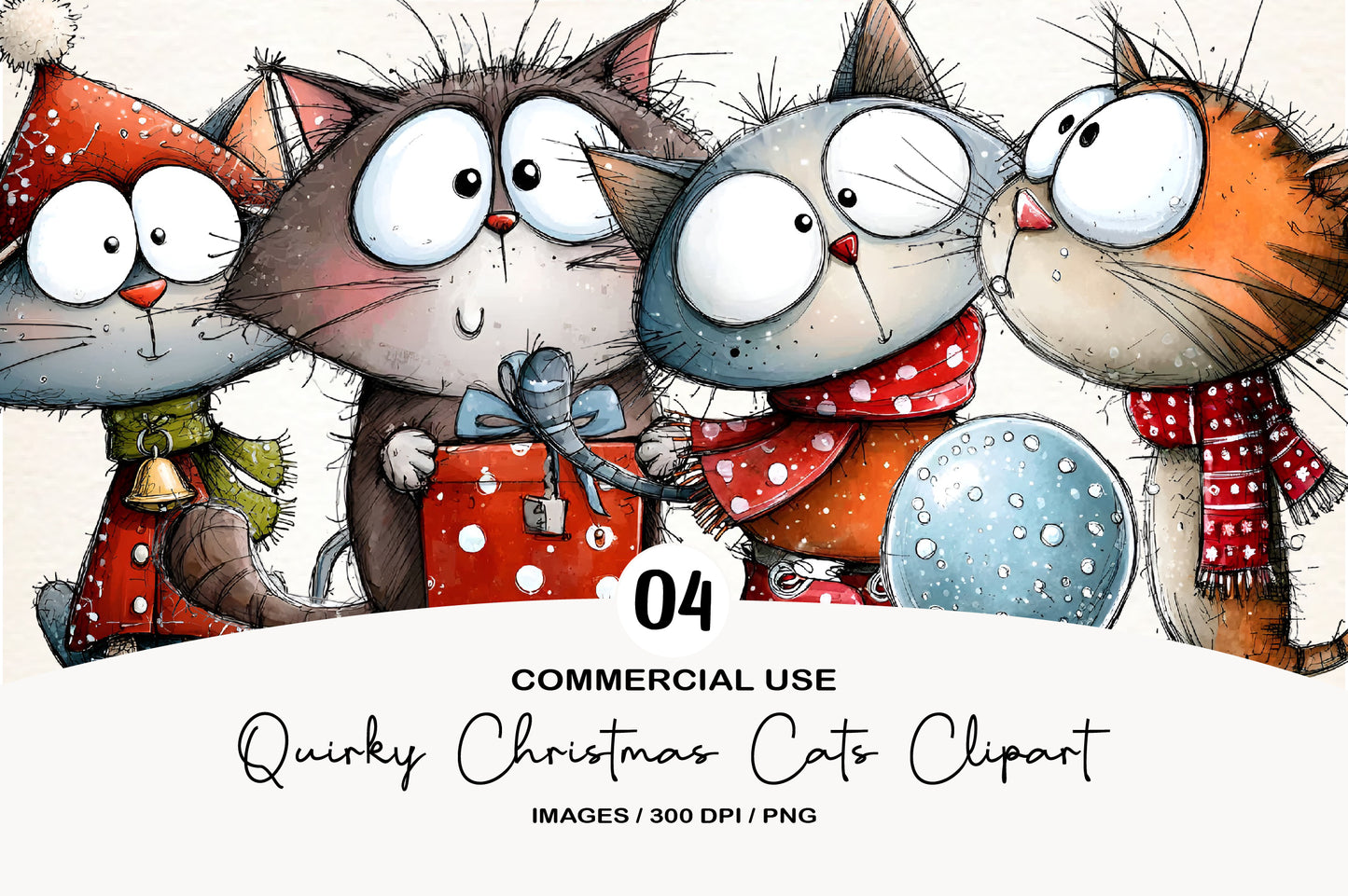 Quirky Funny Christmas Cats Clipart PNG Bundle | Cute Watercolor Holiday Cat Clipart | Festive Christmas Cat PNG