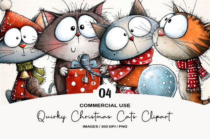 Quirky Funny Christmas Cats Clipart PNG Bundle | Cute Watercolor Holiday Cat Clipart | Festive Christmas Cat PNG