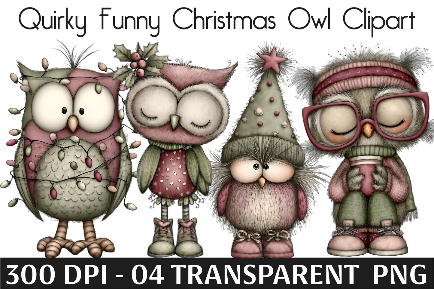 Quirky Funny Christmas Owl Clipart PNG Cute Holiday Owl Designs