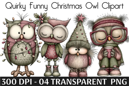 Quirky Funny Christmas Owl Clipart PNG Cute Holiday Owl Designs