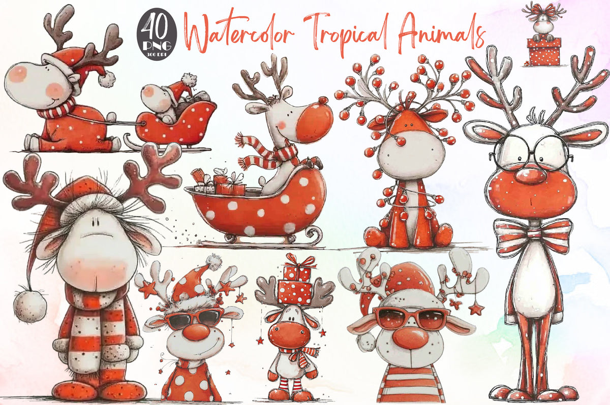 Quirky Funny Christmas Reindeer Clipart PNG Bundle