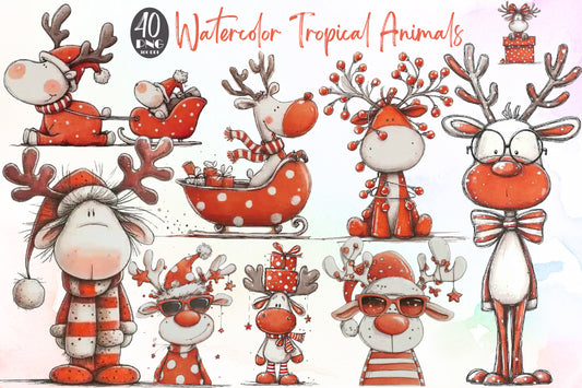Quirky Funny Christmas Reindeer Clipart PNG Bundle