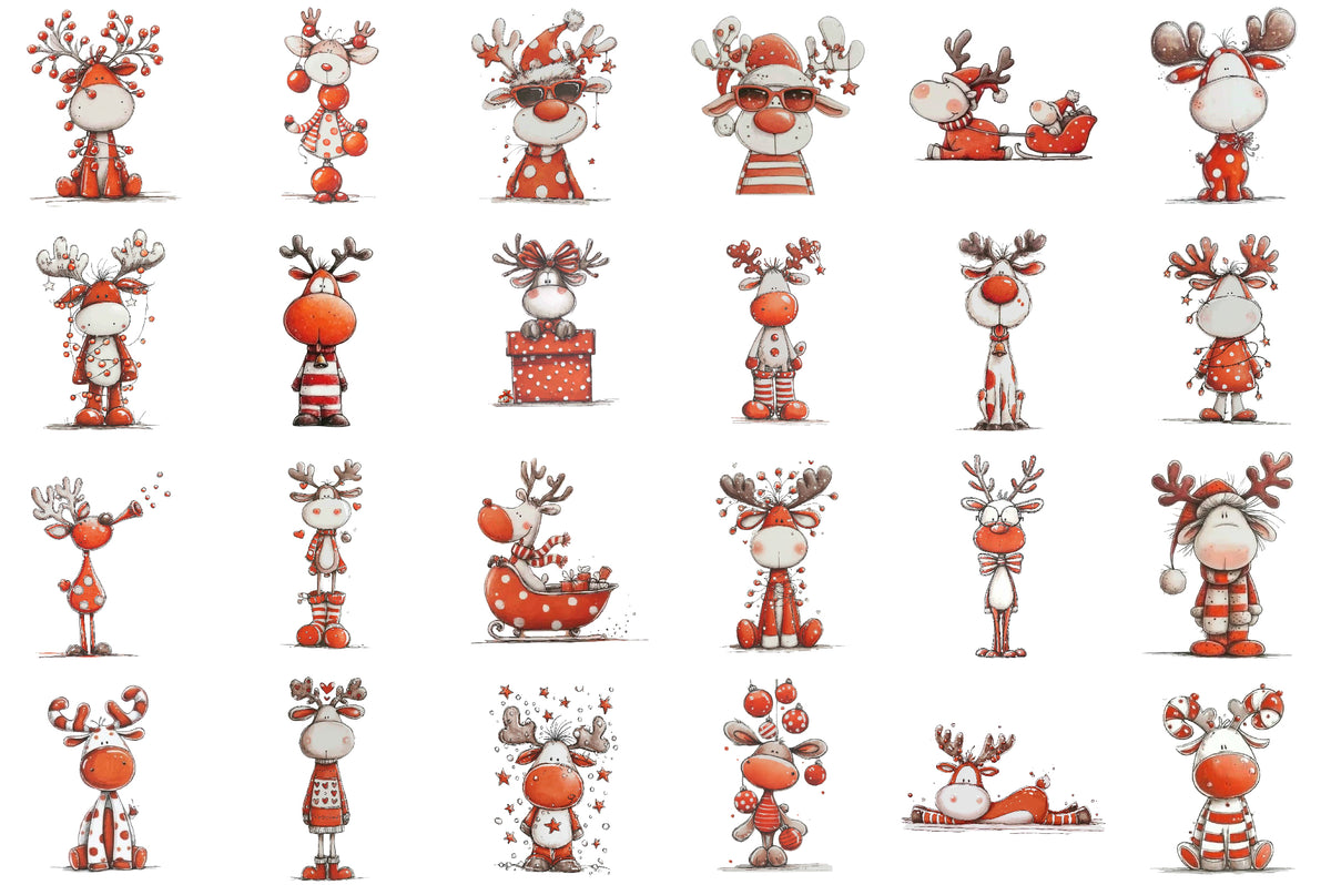Quirky Funny Christmas Reindeer Clipart PNG Bundle
