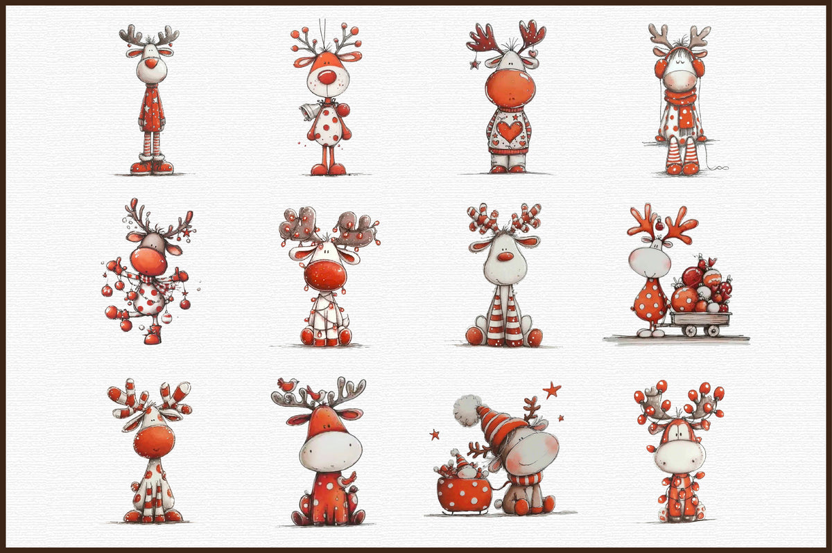 Quirky Funny Christmas Reindeer Clipart PNG Bundle