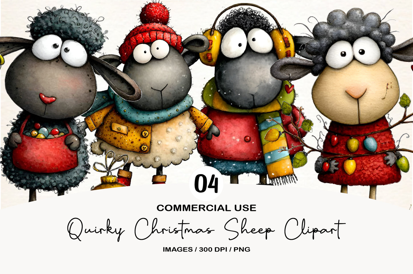 Quirky Funny Christmas Sheep Clipart PNG Bundle | Cute Watercolor Holiday Sheep Clipart | Festive Farmhouse Sheep PNG