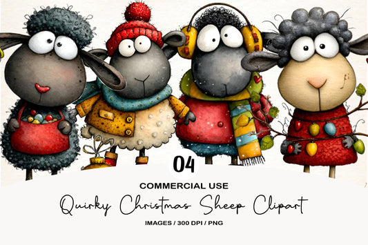 Quirky Funny Christmas Sheep Clipart PNG Bundle | Cute Watercolor Holiday Sheep Clipart | Festive Farmhouse Sheep PNG