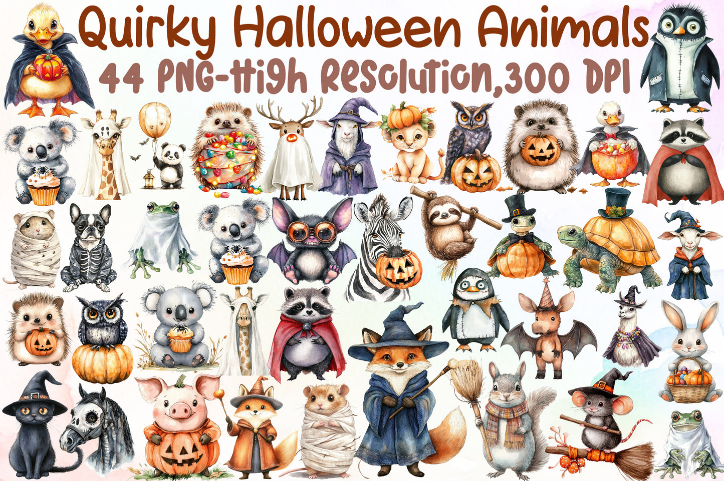 Quirky Halloween Animals Watercolor Clipart Spooky PNG Bundle