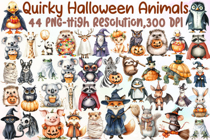 Quirky Halloween Animals Watercolor Clipart Spooky PNG Bundle