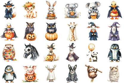 Quirky Halloween Animals Watercolor Clipart Spooky PNG Bundle