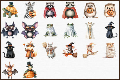 Quirky Halloween Animals Watercolor Clipart Spooky PNG Bundle