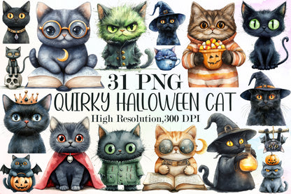 Quirky Halloween Cat Watercolor Clipart Cute Spooky PNG Bundle