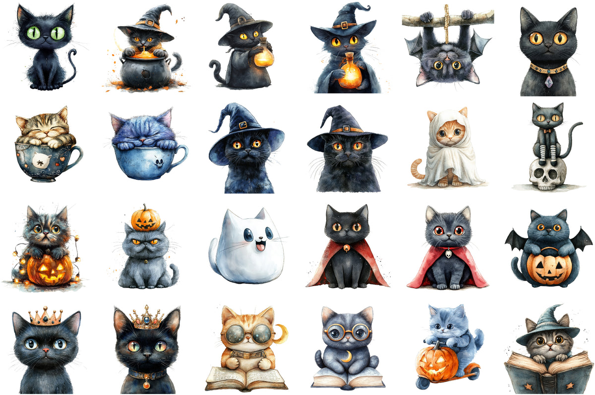 Quirky Halloween Cat Watercolor Clipart Cute Spooky PNG Bundle