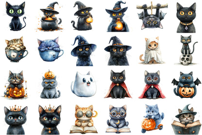 Quirky Halloween Cat Watercolor Clipart Cute Spooky PNG Bundle