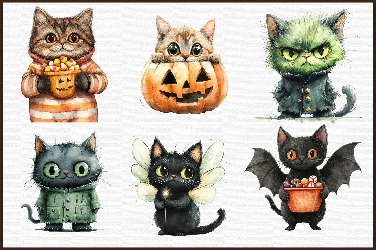 Quirky Halloween Cat Watercolor Clipart Cute Spooky PNG Bundle