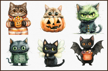 Quirky Halloween Cat Watercolor Clipart Cute Spooky PNG Bundle